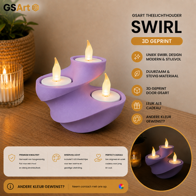GSArt Theelichthouder Swirl - 3D Geprint - Inclusief 3 LED Theelichtjes - Mat Lila