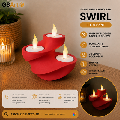 GSArt Theelichthouder Swirl - 3D Geprint - Inclusief 3 LED Theelichtjes - Mat Rood