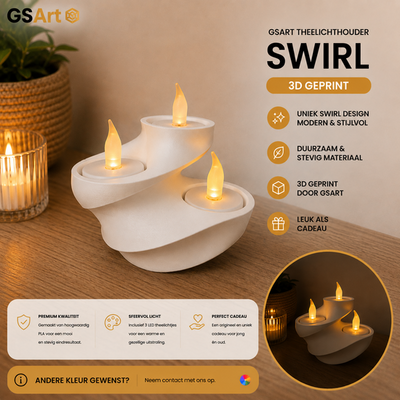 GSArt Theelichthouder Swirl - 3D Geprint - Inclusief 3 LED Theelichtjes - Mat Wit