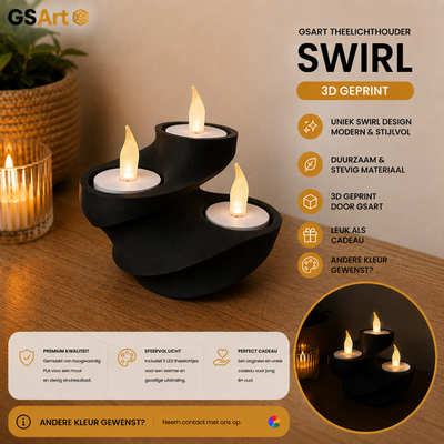 GSArt Theelichthouder Swirl - 3D Geprint - Inclusief 3 LED Theelichtjes - Mat Zwart